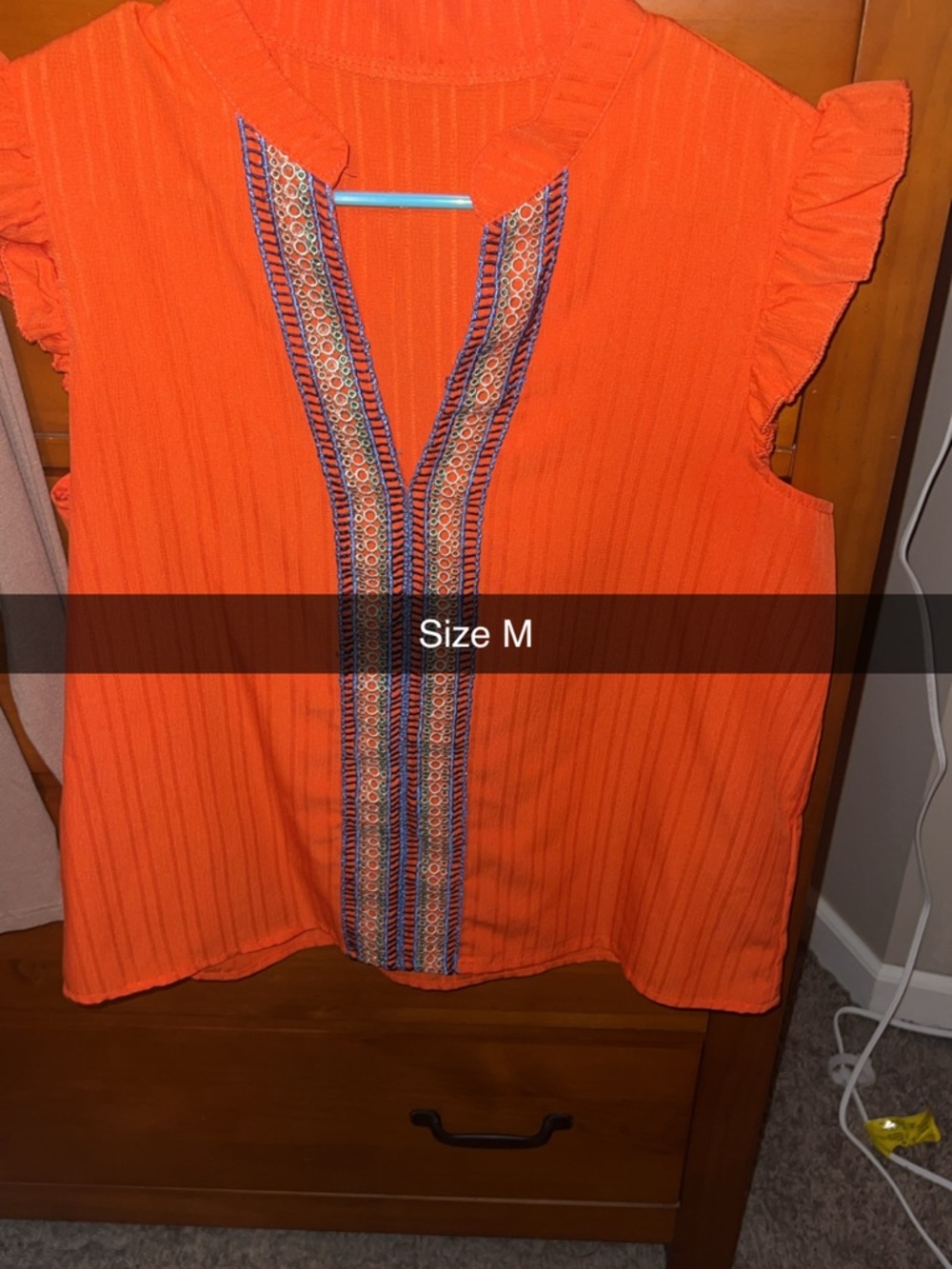 Bright Orange Sleeveless Peasant Top with Embroidered Trim